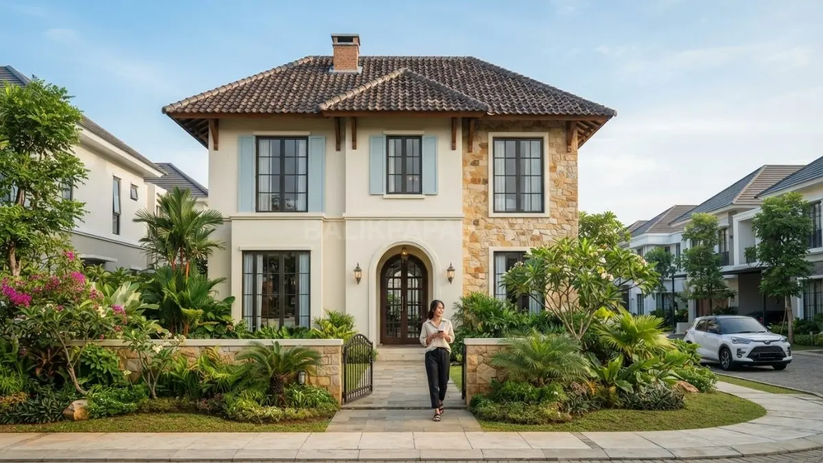 Rumah French Country menghadirkan teras lebar dengan pilar sederhana, pintu kayu, dan kursi outdoor alami. (BTV/AI)