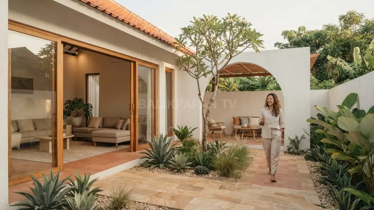 Rumah Mediterania minimalis menghadirkan taman kering dengan batu alam, kerikil, tanaman tropis, dan dinding terang. (BTV/AI)