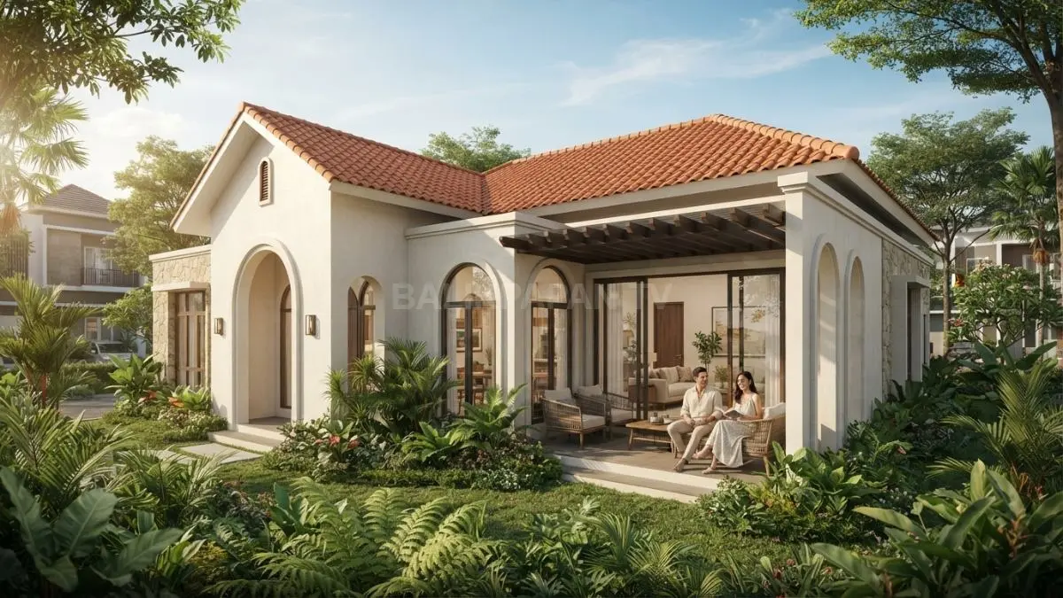 Rumah Mediterania modern satu lantai menghadirkan taman mengelilingi bangunan, fasad stucco, lengkungan, dan jendela besar. (BTV/AI)