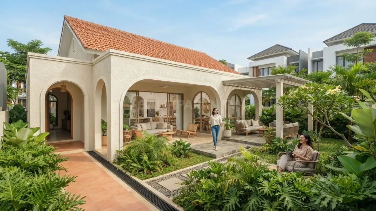 Rumah Mediterania satu lantai memadukan taman terbuka, fasad stucco, lengkungan, dan teras teduh untuk iklim tropis. (BTV/AI)