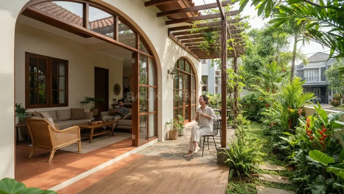 Rumah Mediterania satu lantai memanfaatkan taman samping, pintu kaca lebar, teras teduh, dan ventilasi alami. (BTV/AI)