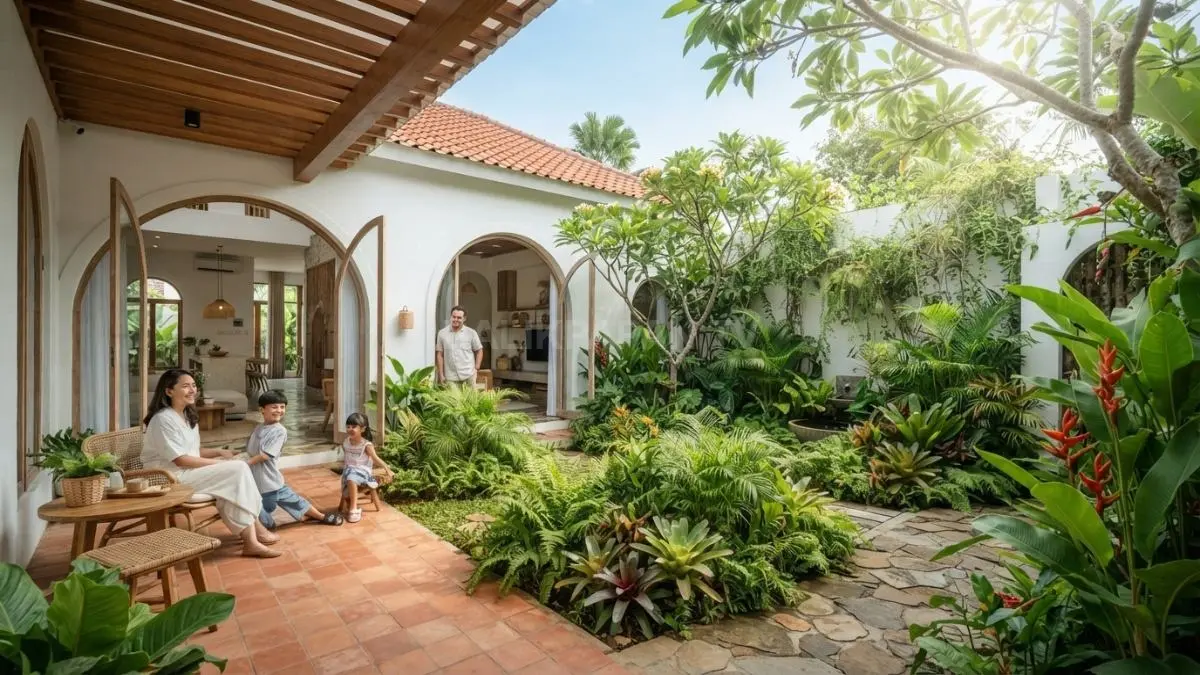 Rumah Mediterania satu lantai menghadirkan courtyard hijau, dinding stucco, lengkungan, dan material natural khas tropis. (BTV/AI)
