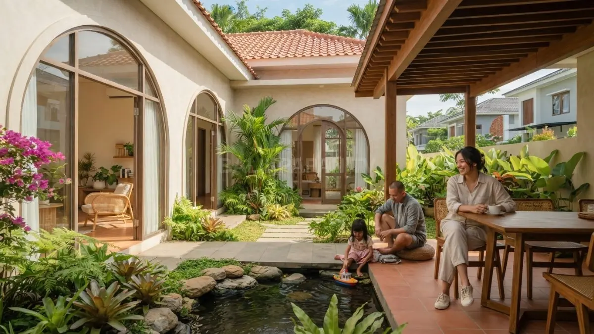 Rumah Mediterania satu lantai menghadirkan courtyard hijau, fasad stucco, lengkungan, dan teras teduh bergaya tropis. (BTV/AI)