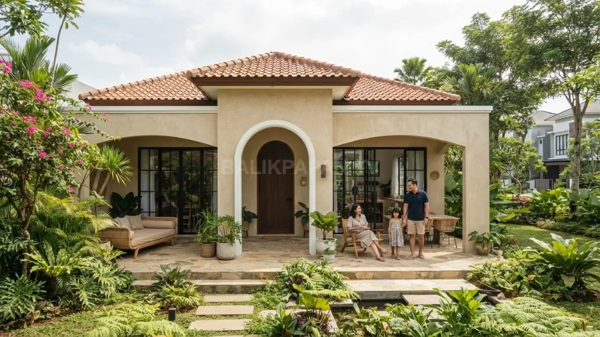 Rumah Mediterania tropis memadukan fasad stucco, lengkungan, taman terbuka, teras teduh, dan ventilasi alami nyaman. (BTV/AI)
