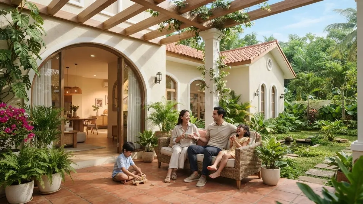 Rumah Mediterania tropis menghadirkan teras pergola, pilar krem, furnitur natural, dan taman hijau yang menawan. (BTV/AI)