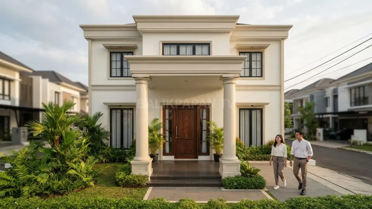 Rumah Neo-Klasik minimalis menampilkan dua pilar utama, warna netral, pintu kayu, dan fasad elegan. (BTV/AI)