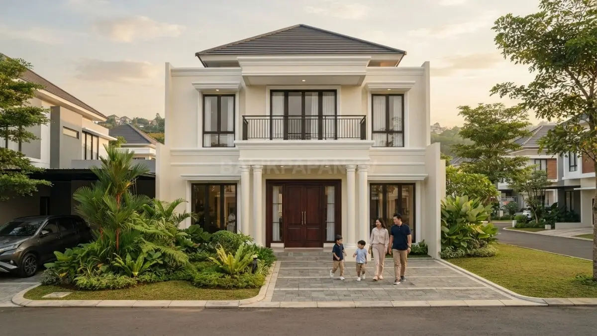 Rumah Neo-Klasik modern memadukan pilar, molding, warna netral, kaca besar, dan fasad geometris sederhana elegan. (BTV/AI)