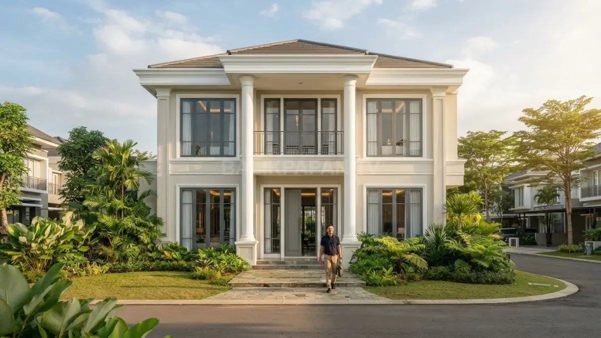 Rumah Neo-Klasik modern menghadirkan jendela tinggi, fasad simetris, warna netral, dan pencahayaan alami elegan. (BTV/AI)