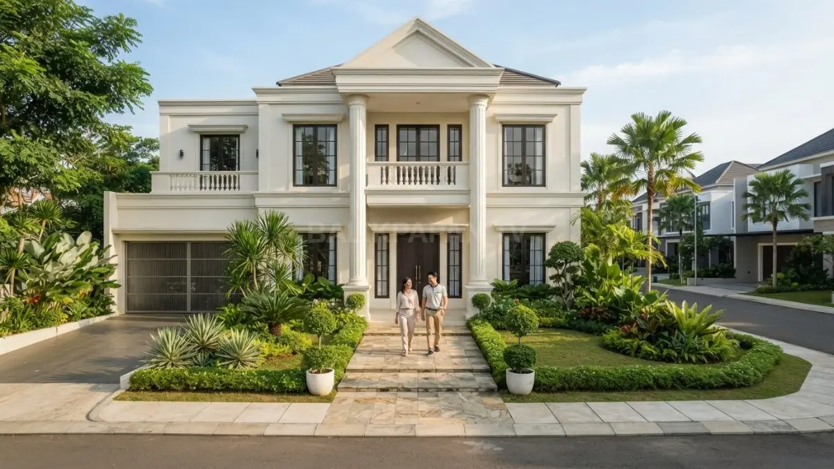 Rumah Neo-Klasik putih menghadirkan fasad simetris, taman hijau, jalur batu alam, dan nuansa elegan modern. (BTV/AI)