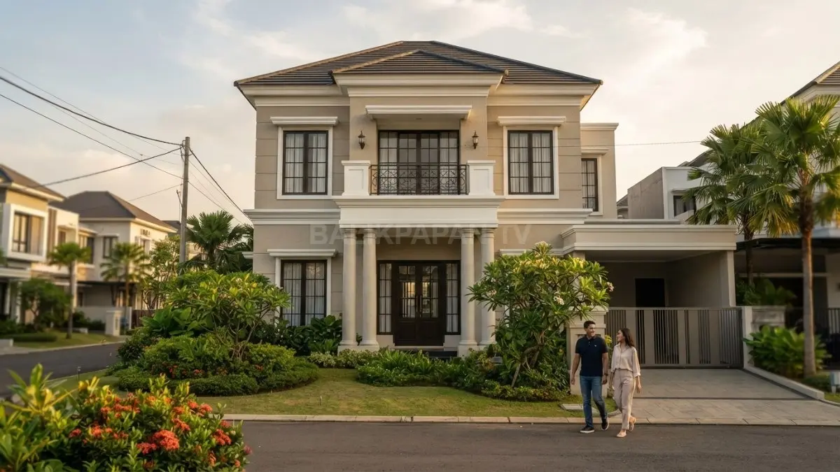 Rumah Neo-Klasik sederhana memadukan fasad simetris, pilar klasik, warna netral, dan garis tegas elegan. (BTV/AI)