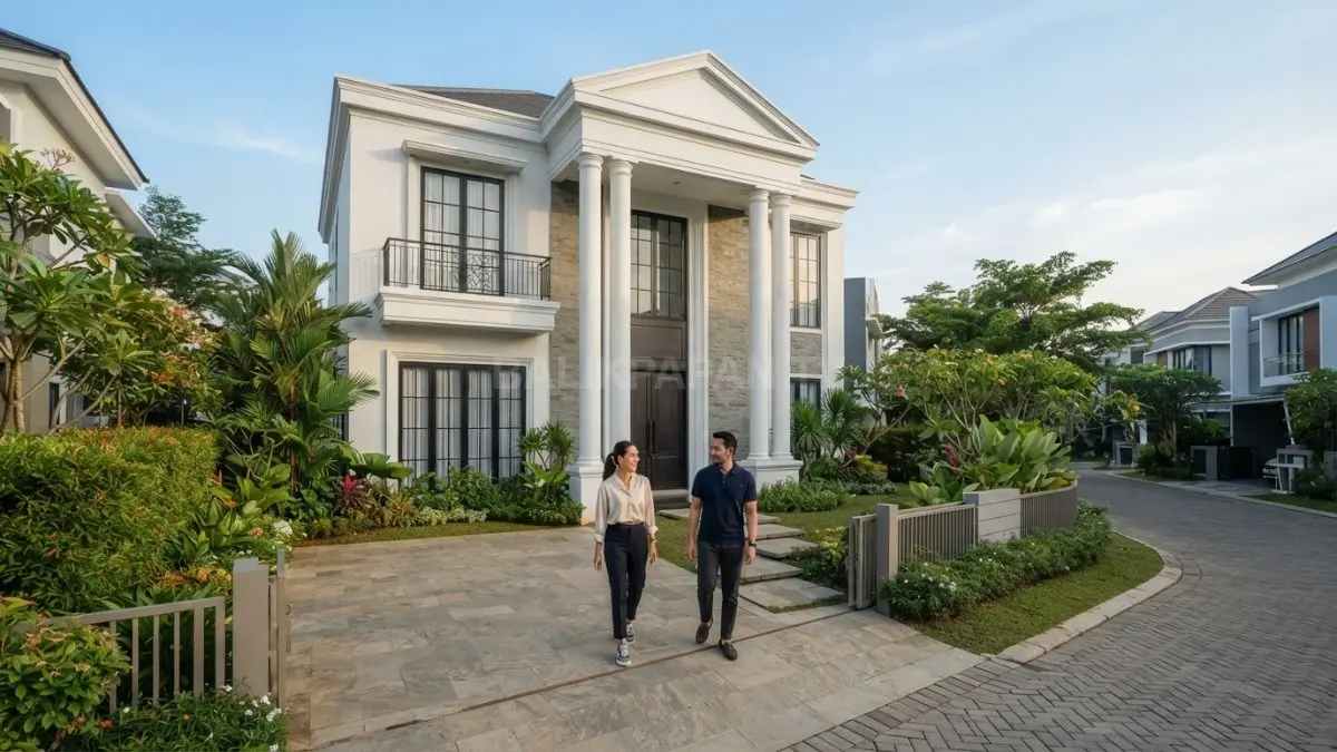 Rumah Neo-Klasik sederhana memadukan fasad simetris, pilar klasik, warna netral, dan material elegan berkelas. (BTV/AI)