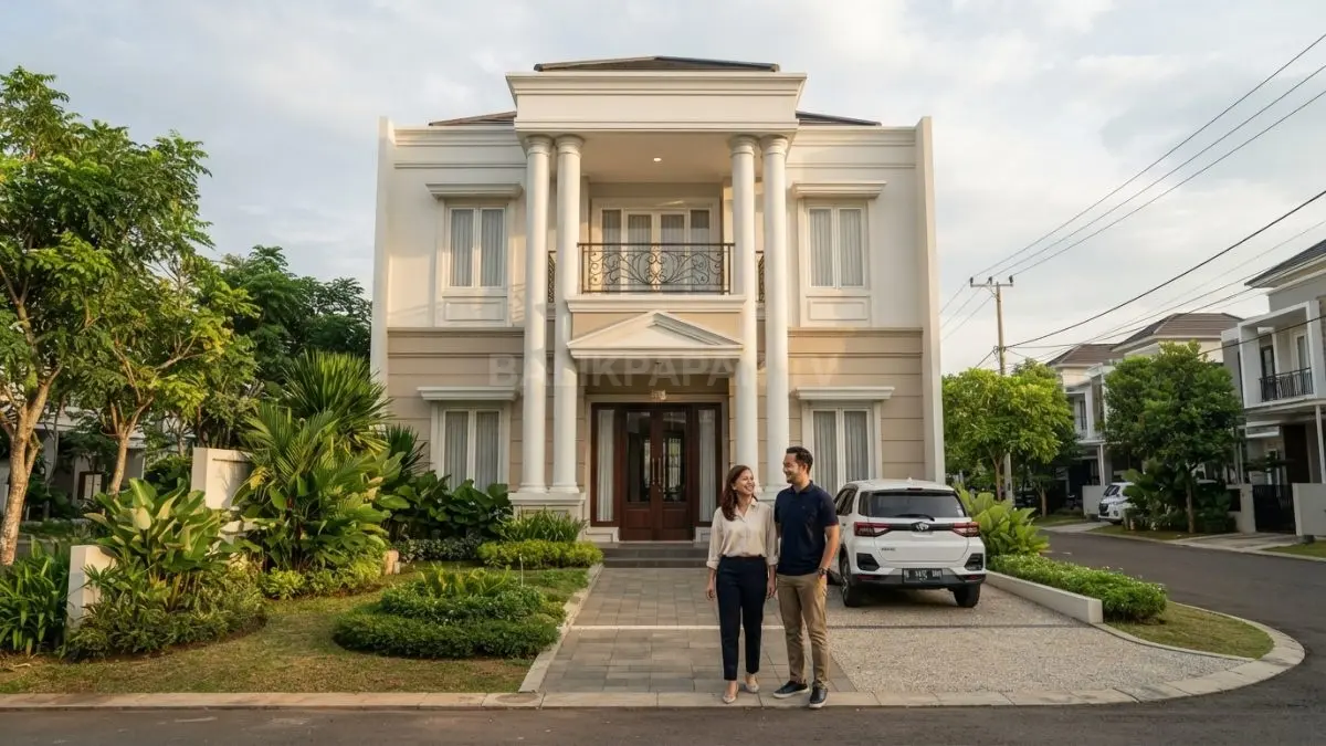 Rumah Neo-Klasik sederhana memadukan fasad simetris, pilar proporsional, warna netral, molding, dan taman tertata elegan. (BTV/AI)