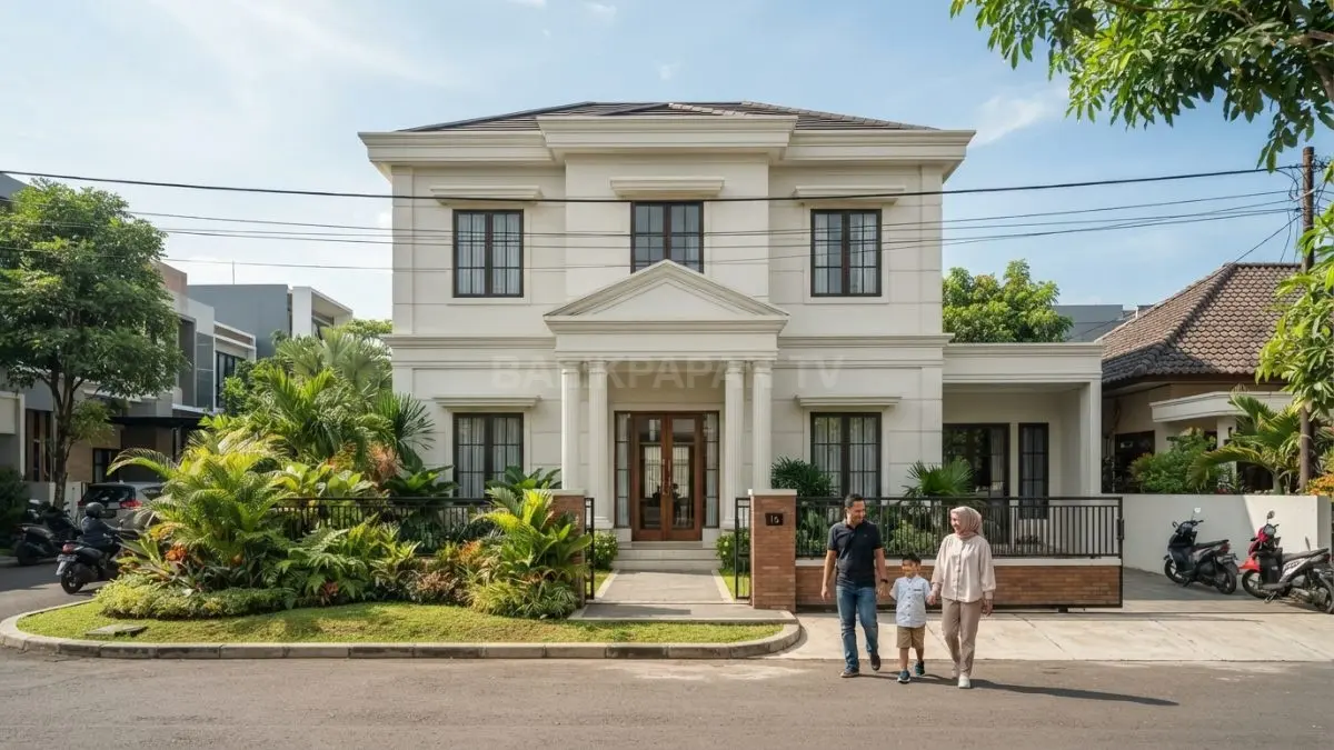 Rumah Neo-Klasik sederhana menampilkan fasad simetris, pilar proporsional, warna netral, dan garis arsitektur elegan. (BTV/AI)