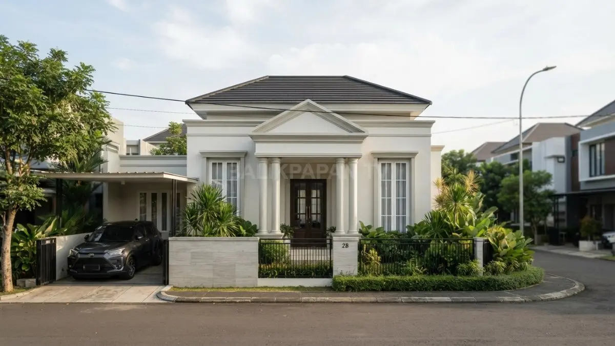Rumah Neo-Klasik sederhana menampilkan pedimen, pintu utama, jendela simetris, dan fasad elegan dengan ornamen terukur. (BTV/AI)