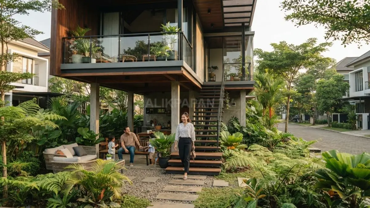 Rumah Panggung Modern: Desain Adaptif Iklim Tropis dengan Kolong sebagai Ruang Fungsional (BTV/AI).
