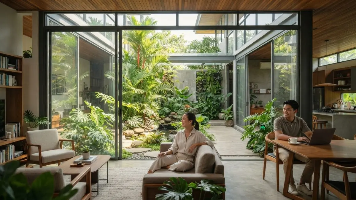 Rumah tropis dengan inner court menghadirkan cahaya alami, tanaman, dan ruang terbuka yang menyegarkan. (BTV/AI)
