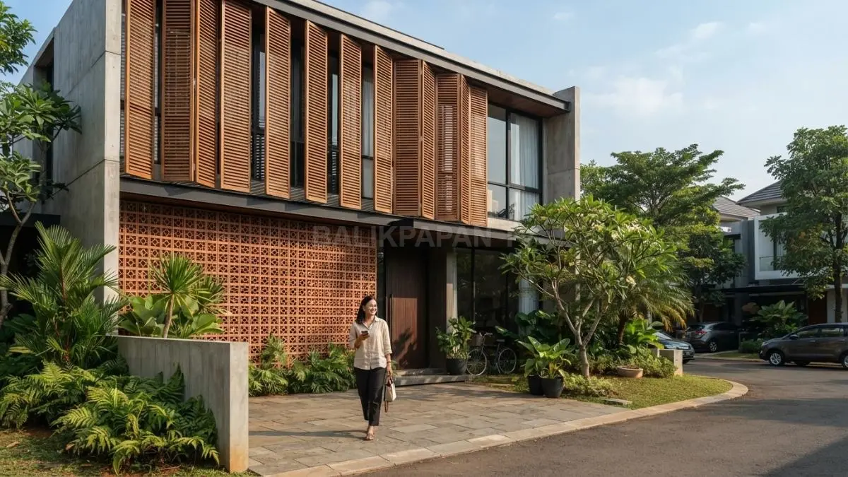 Rumah tropis modern dengan fasad kisi-kisi membantu mengurangi paparan panas matahari langsung (BTV/AI)
