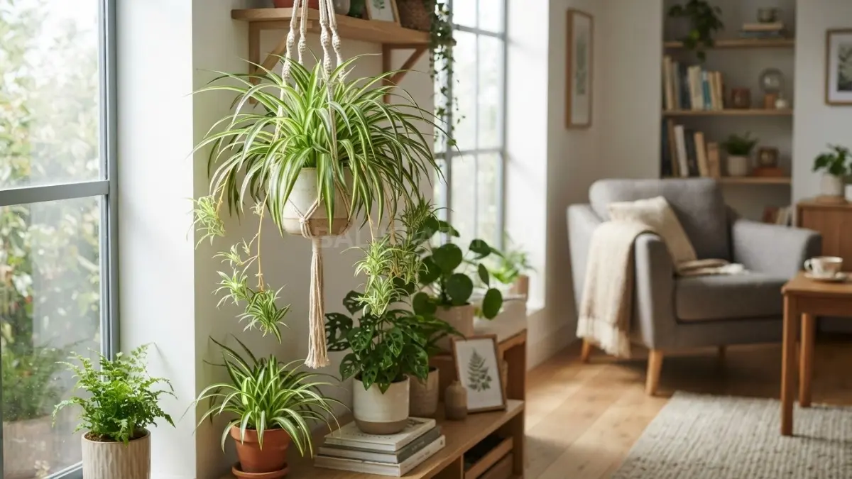Spider plant dengan daun menjuntai memberi sentuhan hijau yang dinamis dan menyegarkan sudut rumah. (BTV/AI)