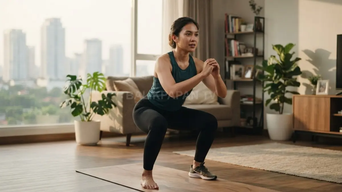 Squat melatih otot kaki dan tubuh bagian bawah, mudah dilakukan tanpa alat, serta cocok untuk rutinitas olahraga singkat. (BTV/AI)
