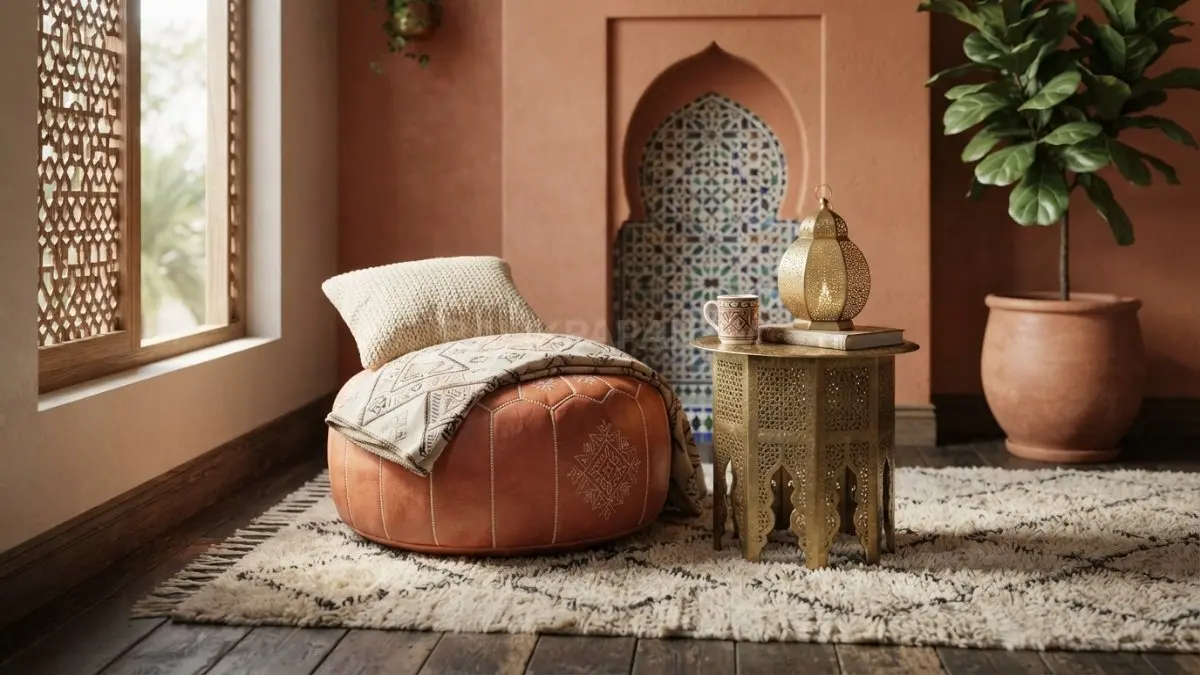 Sudut santai bergaya Maroko memadukan pouf terracotta, meja rendah, karpet, bantal krem, dan lampu metalik. (BTV/AI)