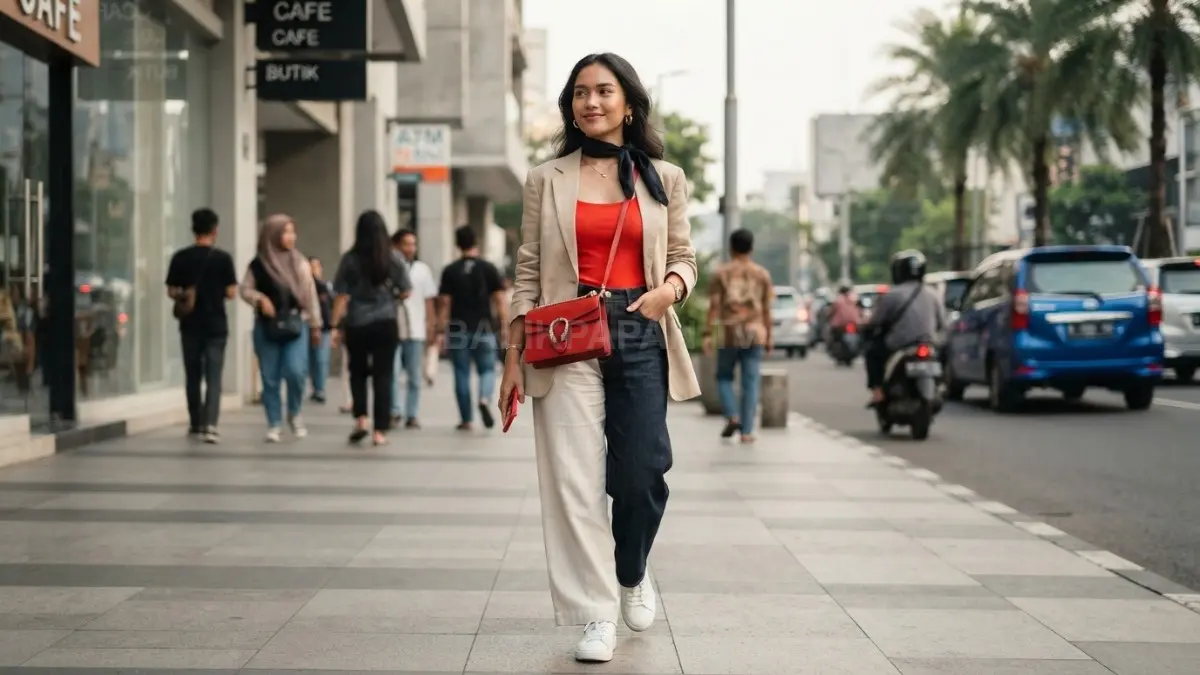 Tomato red memberi aksen berani pada outfit minimalis melalui perpaduan warna netral yang tetap stylish (BTV/AI)
