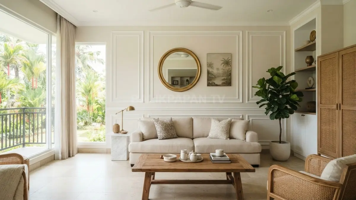 Wall molding klasik mempercantik interior Prancis melalui panel dinding sederhana, cermin, dan dekorasi elegan yang harmonis. (BTV/AI)