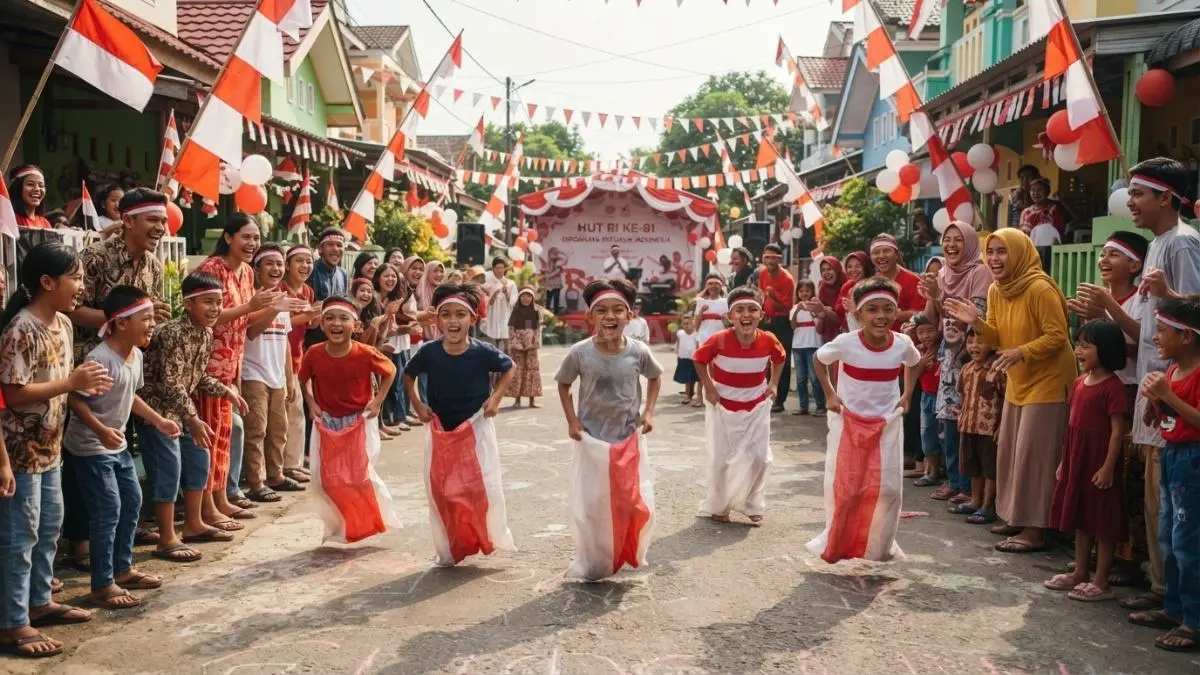 Warga bersama-sama merayakan Agustusan dengan lomba seru, dekorasi merah putih, dan suasana penuh kebersamaan di lingkungan rumah. (BTV/AI)