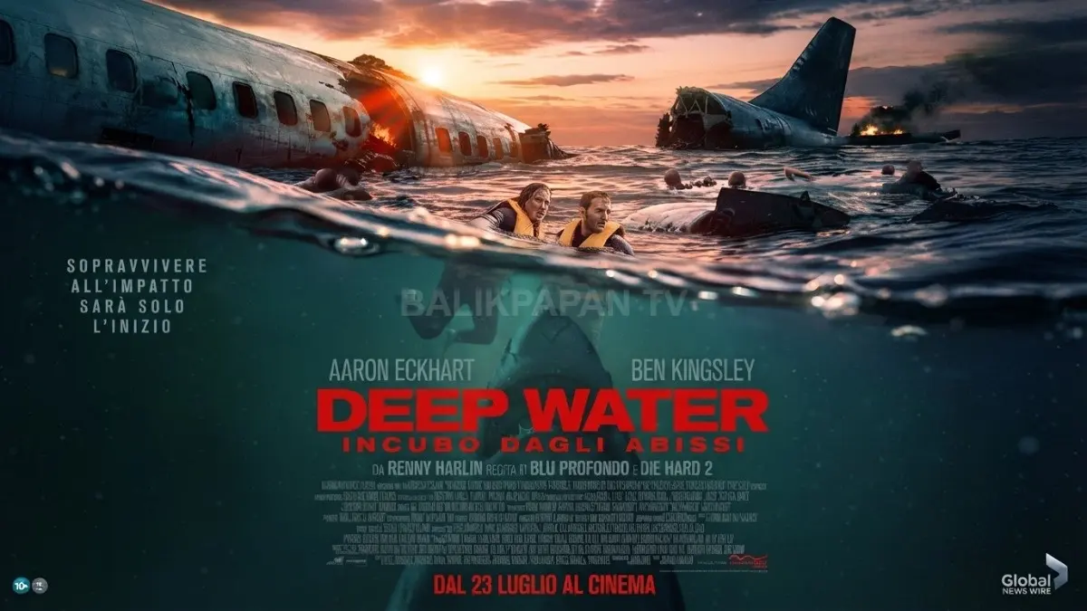 Aaron Eckhart dan Ben Kingsley membintangi Deep Water, film thriller tentang kecelakaan pesawat dan teror hiu. (BTV/AI)
