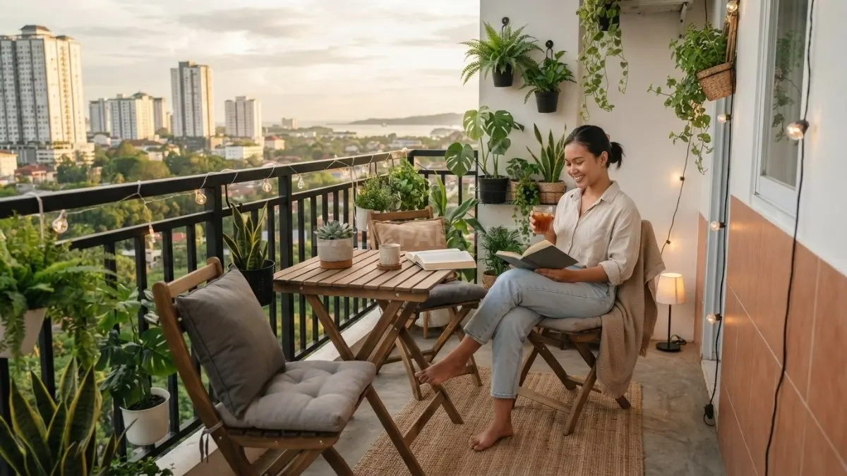 Balkon sempit tetap nyaman dengan furnitur ringkas, tanaman hijau, pencahayaan hangat, dan ruang gerak yang terjaga. (BTV/AI)