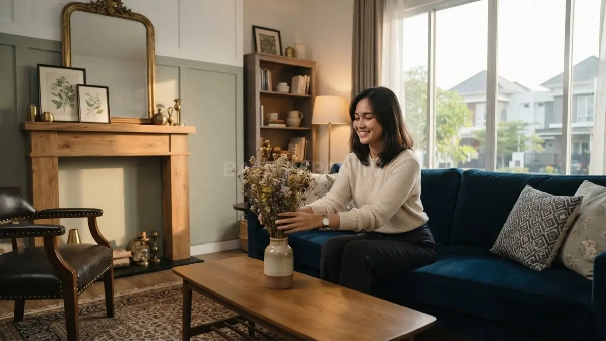 British modern memadukan furnitur sederhana, warna netral, pencahayaan hangat, dan aksen klasik untuk hunian elegan. (BTV/AI)