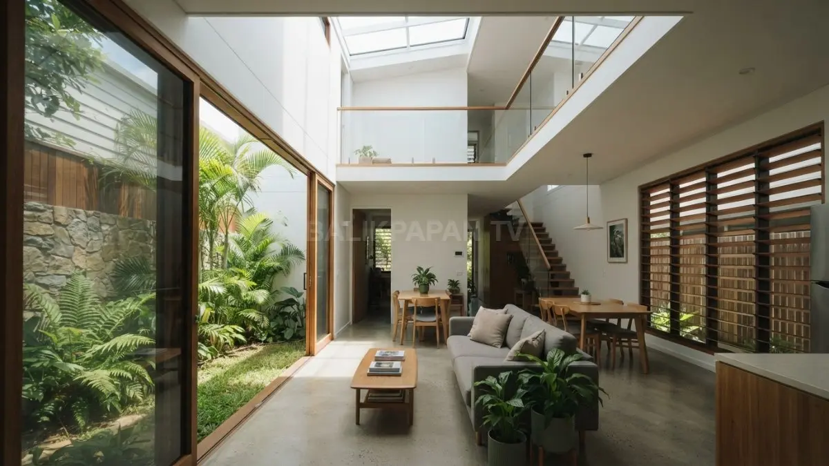 Bukaan jendela dan ventilasi silang menghadirkan cahaya alami serta sirkulasi udara optimal pada rumah mungil. (BTV/AI)