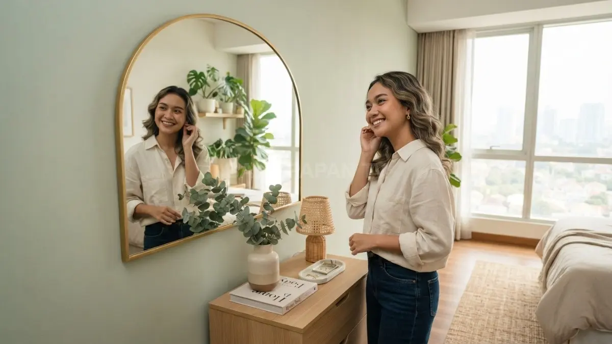Cermin lengkung mempermanis kamar, memantulkan cahaya, sekaligus memperkuat nuansa princess yang soft dan modern. (BTV/AI)
