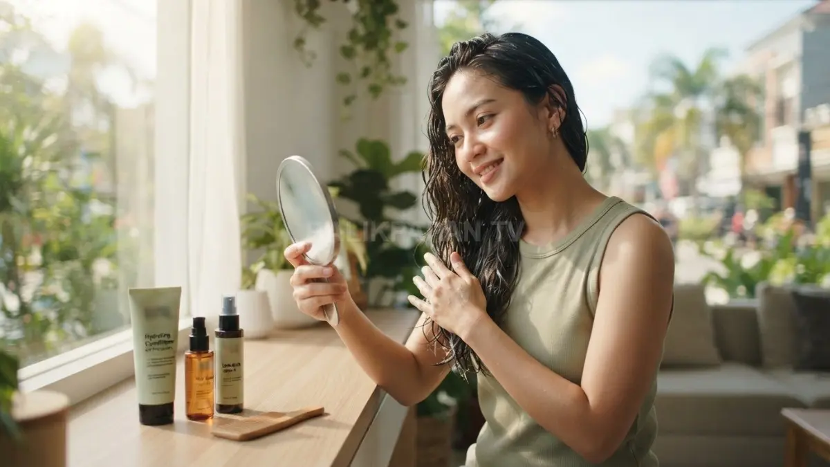 Conditioner dan perlindungan matahari membantu menjaga rambut tetap lembap, sehat, dan terlindungi saat cuaca panas. (BTV/AI)