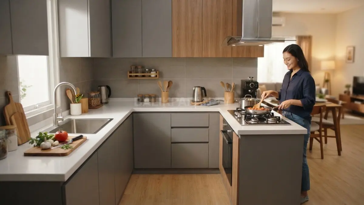 Dapur L memanfaatkan sudut rumah, menghadirkan area kerja efisien dengan kabinet dan jalur aktivitas tertata. (BTV/AI)