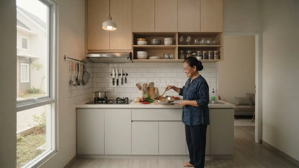 Dapur minimalis rumah tipe 36 memaksimalkan ruang melalui layout single wall, kabinet, dan penyimpanan vertikal. (BTV/AI)