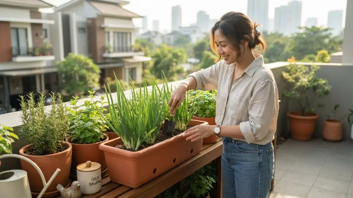 Daun bawang mudah ditanam dalam pot, hemat tempat, praktis dirawat, dan bisa dipanen untuk berbagai masakan. (BTV/AI)