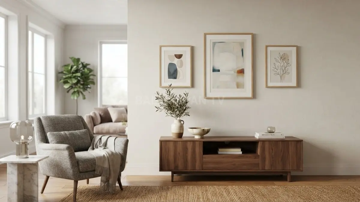 Dinding kosong dapat dipercantik dengan lukisan, cermin, foto, atau wall art minimalis agar ruang tamu lebih berkarakter dan tetap rapi. (BTV/AI)