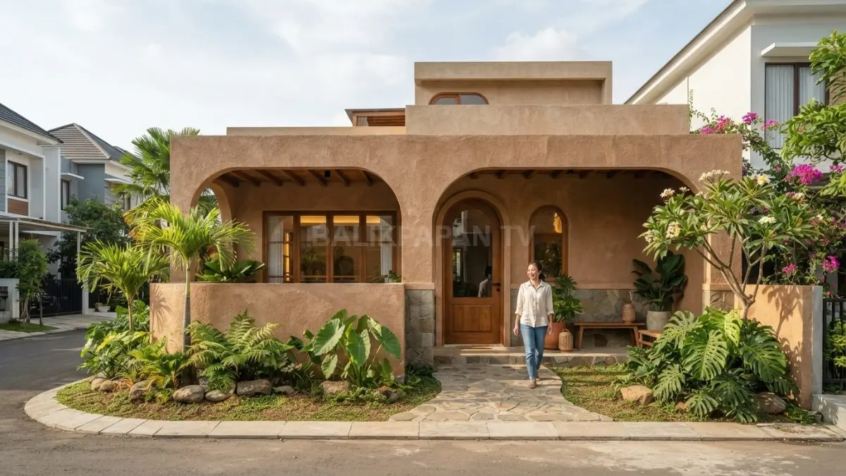 Fasad Adobe Revival menghadirkan dinding bertekstur earth tone, material alami, dan bentuk sederhana yang hangat. (BTV/AI)