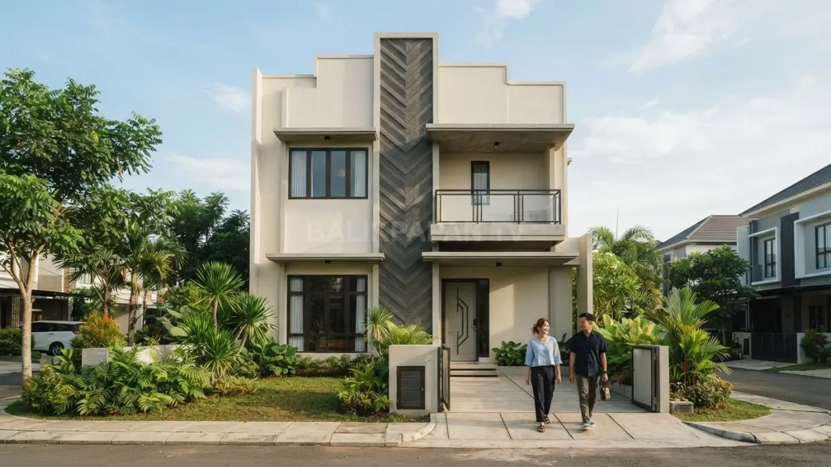Fasad Art Deco bertingkat menampilkan siluet stepped, garis geometris, dan proporsi vertikal untuk hunian modern. (BTV/AI)