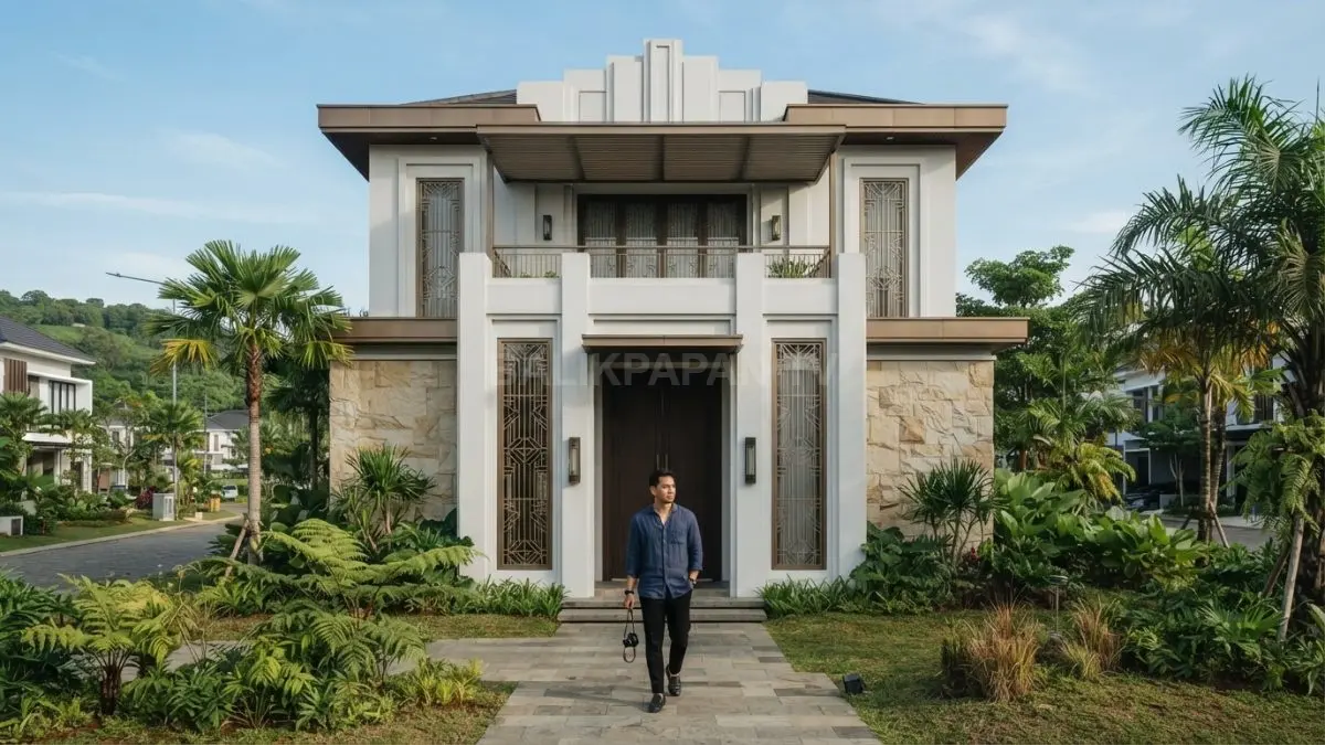 Fasad Art Deco menampilkan komposisi simetris, garis geometris, serta kisi-kisi sebagai aksen sekaligus pelindung matahari. (BTV/AI)
