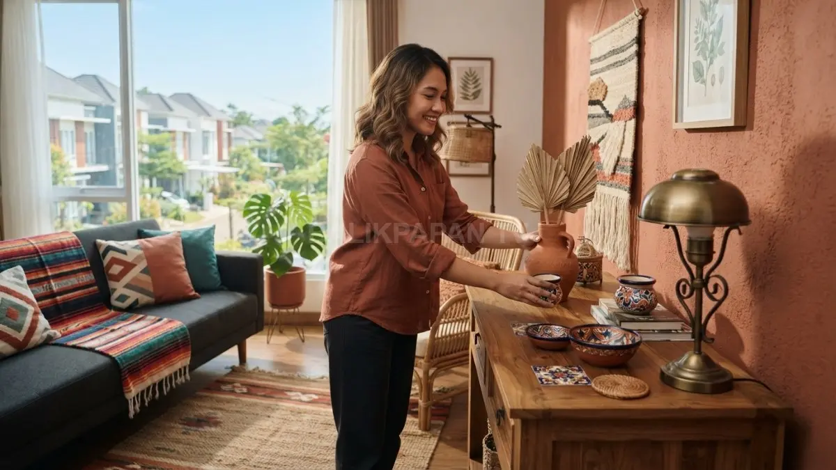 Furnitur kayu dan aksen besi menghadirkan nuansa Meksiko hangat melalui perpaduan material alami serta dekorasi berkarakter. (BTV/AI)