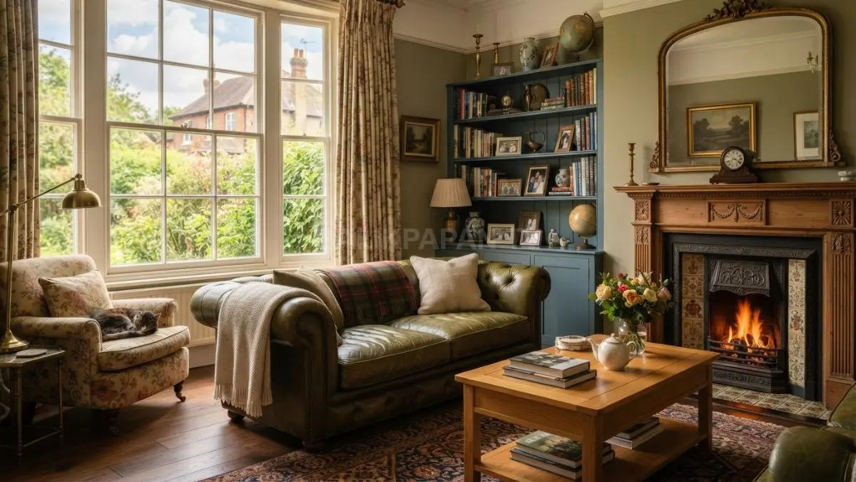 Home decor bergaya Inggris memadukan warna hangat, furnitur klasik, tekstur lembut, dan dekorasi elegan untuk rumah nyaman. (BTV/AI)