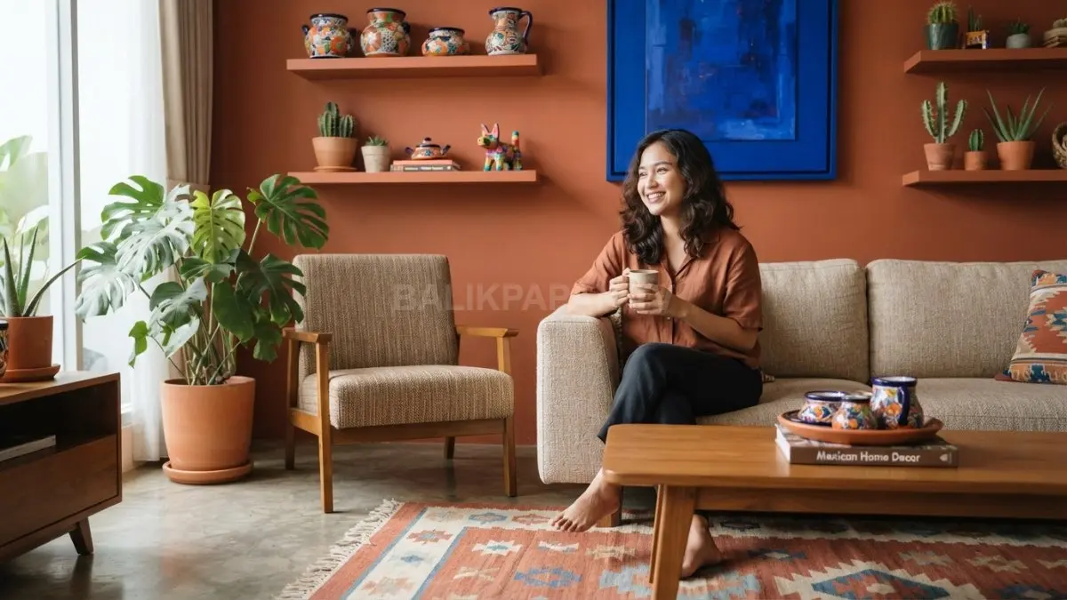 Home decor Meksiko menghadirkan warna terracotta, cobalt blue, material alami, dan kerajinan khas yang hangat. (BTV/AI)