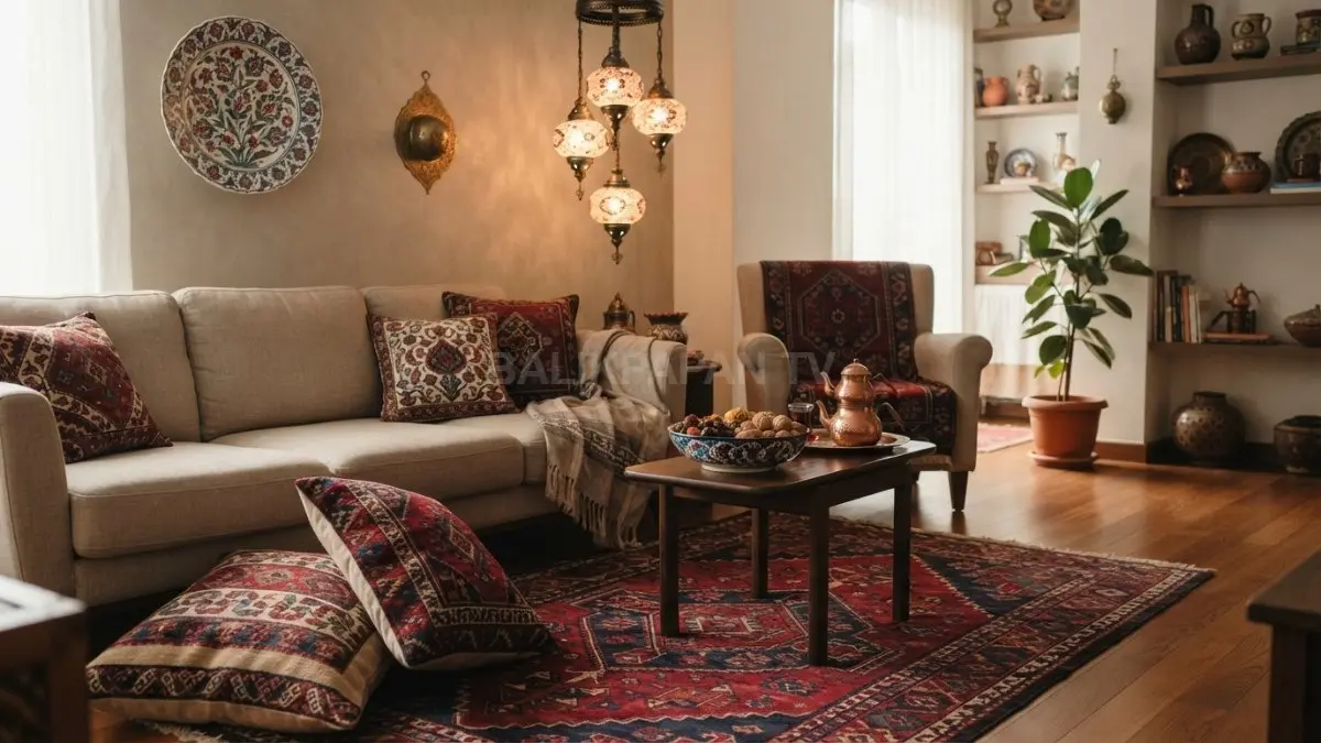 Home decor Turki memadukan karpet bermotif, keramik dekoratif, lampu mosaik, furnitur kayu, dan warna Ottoman. (BTV/AI)