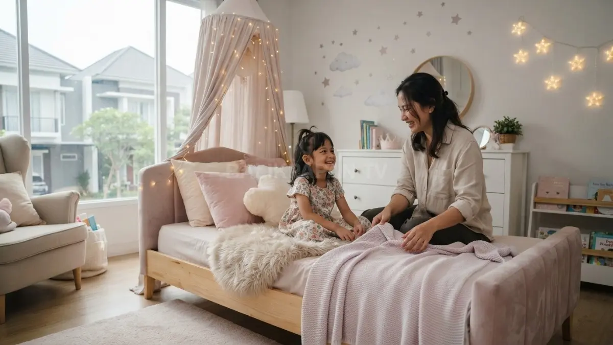 Ide dekorasi kamar anak perempuan ala princess dengan warna pastel, aksen manis, dan furnitur aman, BTV/AI