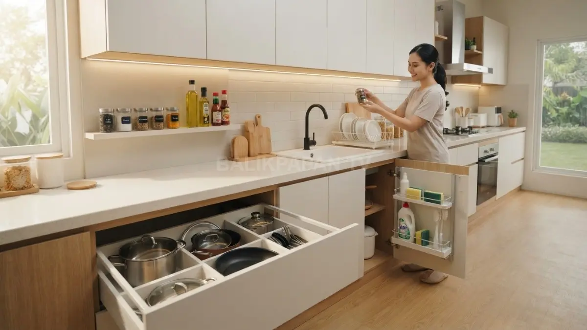 Kabinet minimalis membantu menyimpan panci, bumbu, dan perlengkapan dapur secara rapi sesuai fungsi ruang harian. (BTV/AI)