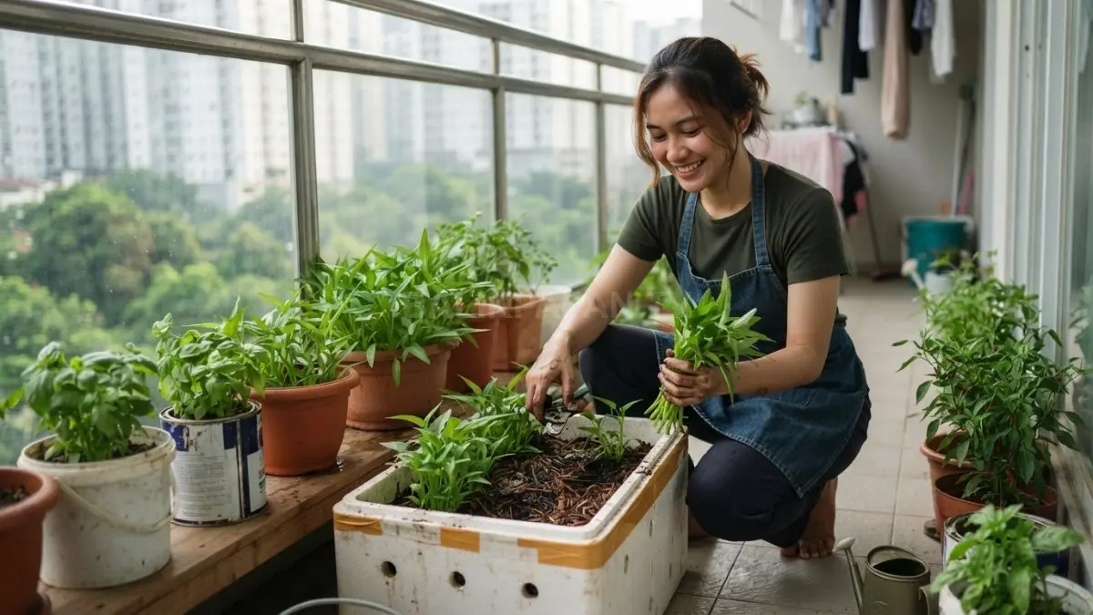 Kangkung mudah ditanam dalam pot sederhana sehingga cocok untuk balkon dengan ruang terbatas di rumah. (BTV/AI)