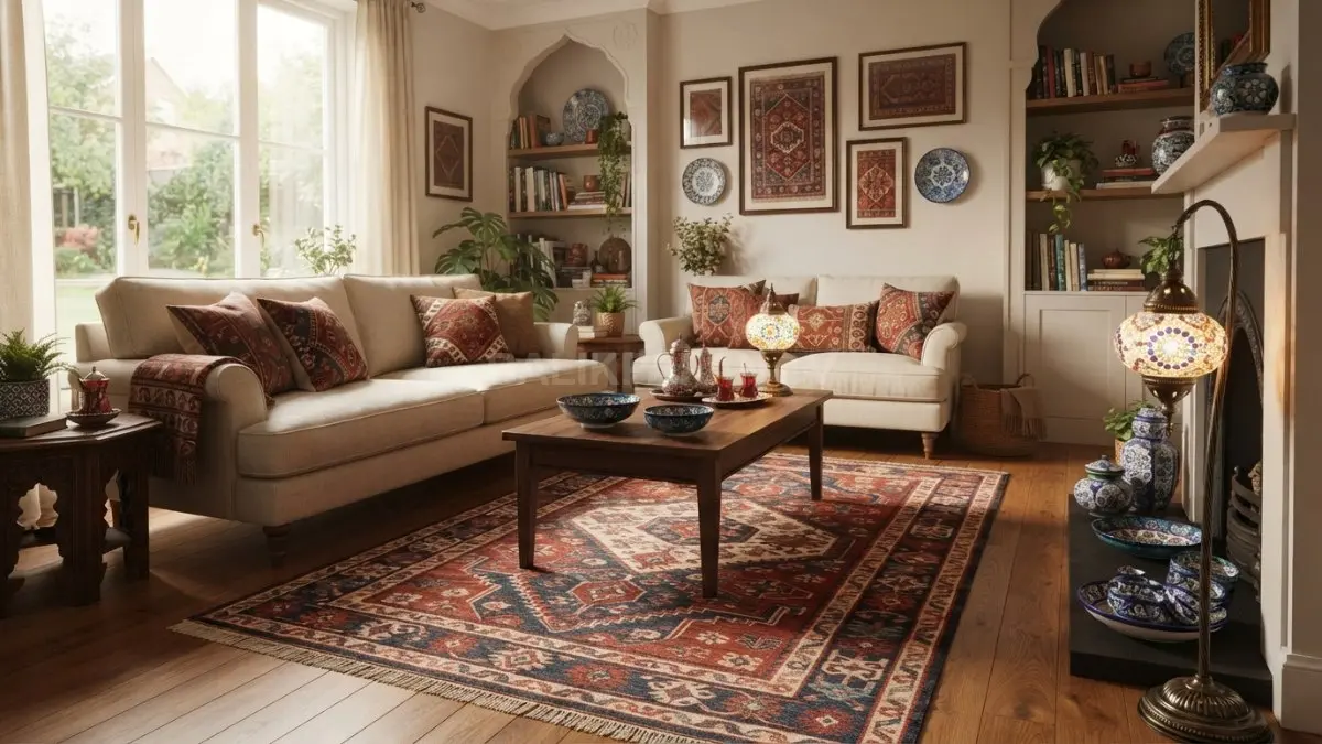 Karpet Kilim bermotif menjadi pusat perhatian, menghadirkan nuansa Turki melalui warna hangat dan pola geometris. (BTV/AI)