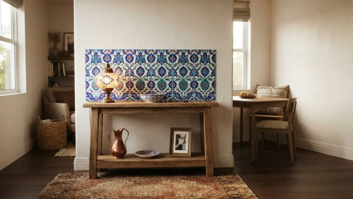 Keramik İznik menghadirkan aksen dinding khas Turki melalui motif bunga, warna biru, turquoise, hijau, dan merah. (BTV/AI)