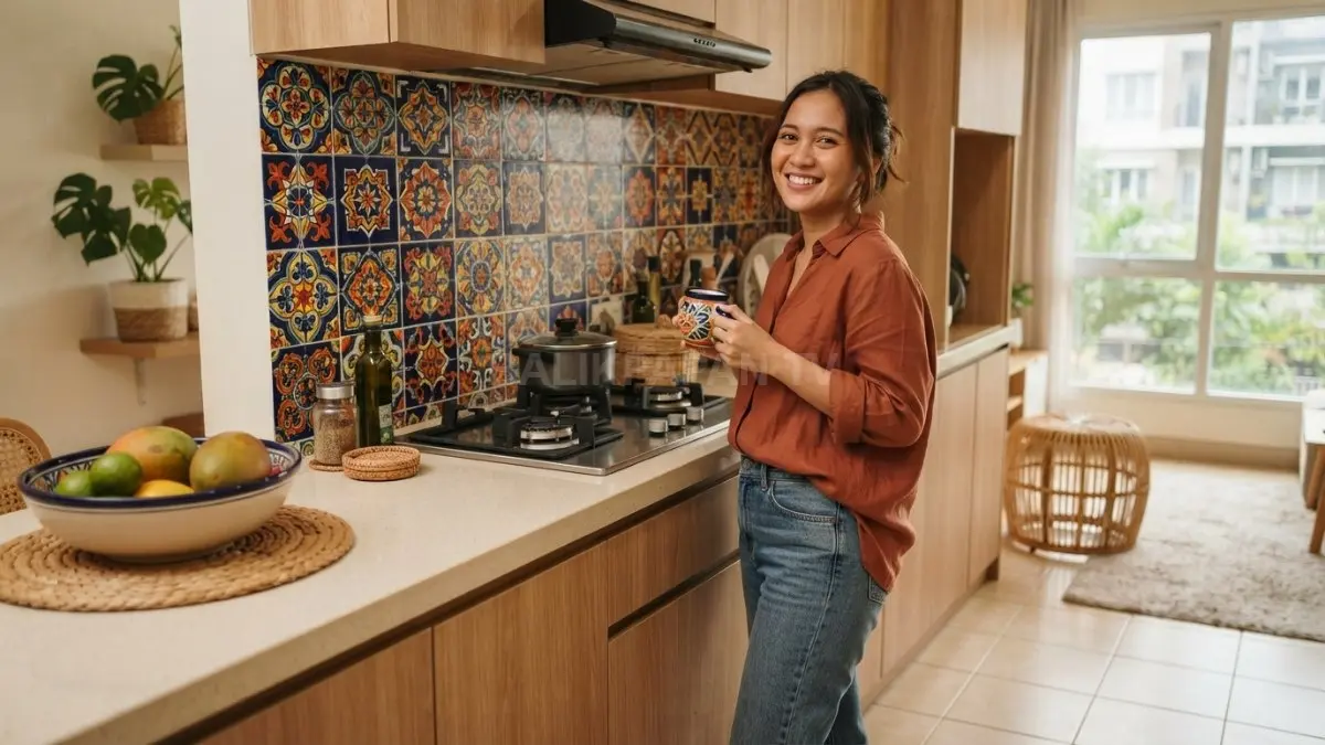 Keramik Talavera menghadirkan aksen Meksiko melalui motif warna-warni, detail dekoratif, dan karakter artistik pada ruangan. (BTV/AI)